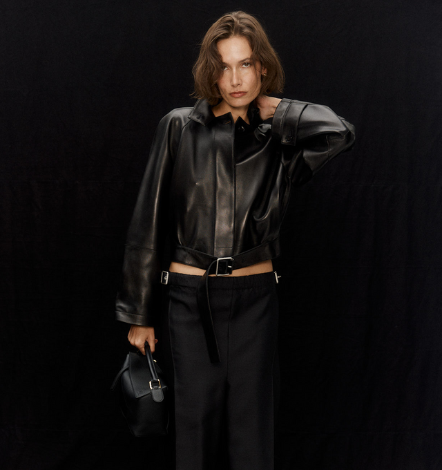 Image 3 of 6 - BLACK - Loewe Women's Trousers in medium-weight wool and silk tailoring featuring a gathered front with a leather belt detail. Regular fit, regular length, mid waist, straight leg, side zip fastening, seam pockets, buttoned rear jet pocket, pressed creases at the front, LOEWE embossed leather patch placed at the back. Wool/Silk. Made in Italy. 