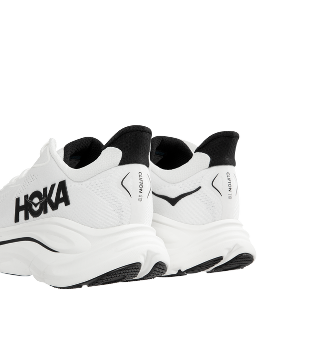 Image 3 of 5 - WHITE - HOKA Clifton 10 Sneaker featuring jacquard knit, reflective upper details, smooth MetaRocker, rearfoot-focused Active Foot Frame, CMEVA midsole, molded EVA sockliner and inherently durable abrasion rubber. 
