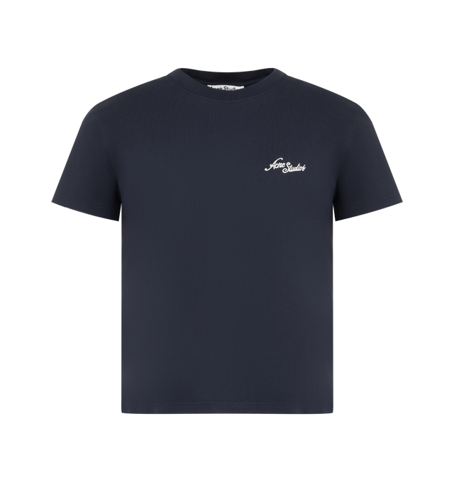 Image 1 of 2 - BLUE - Acne Studios Logo T-Shirt is crafted from lightweight organic cotton jersey and features a relaxed fit with a classic crew neckline, and an embroidered Acne Studios logo at the chest. This designer T-shirt combines premium everyday comfort with a clean, minimalist aesthetic, making it an effortless wardrobe essential. Main Material: 100% Organic Cotton. Fit: Relaxed Unisex.  