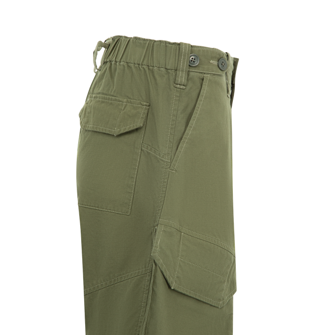 Image 3 of 3 - GREEN - R13 Barrel Cargo Pants featuring mid-weight, non-stretch twill, button closure and zip fly, slant hip pockets, flap front and back pockets. 100% cotton. 