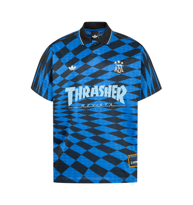 Image 1 of 3 - BLUE - ADIDAS x Argentina x Thrasher Jersey featuring regular fit, knit construction, short sleeves, collar, logo on front and print throughout. 100% polyester. Made in Thailand. 