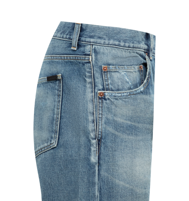 Image 3 of 3 - BLUE - SAINT LAURENT Long Baggy Jeans featuring high waist, long length, wide leg, button fly, five pocket and belt loops. 100% cotton.  