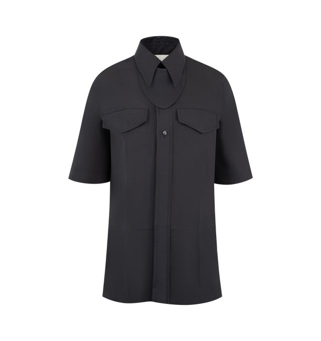 Image 2 of 3 - BLACK - BOTTEGA VENETA Wool Silk Toile Shirt featuring short sleeves, detachable cotton throat latch, button closure and relaxed fit. Wool, silk. Made in Italy. 