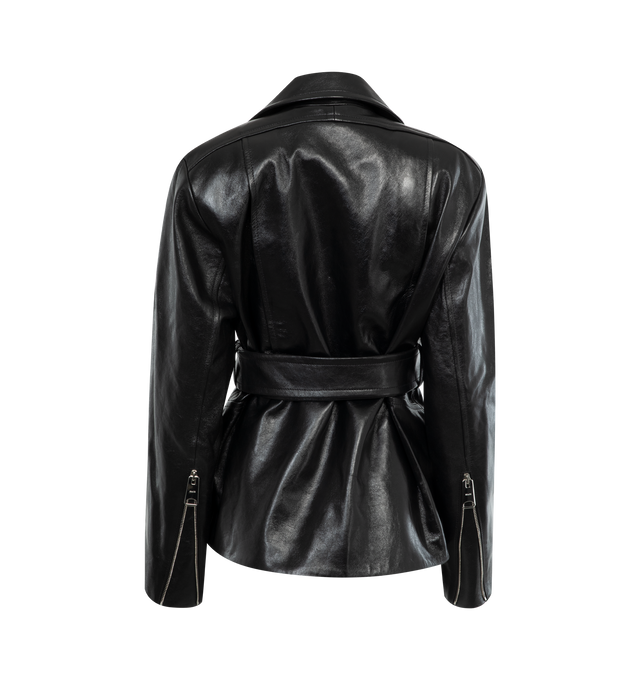 Image 2 of 2 - BLACK - KHAITE Fabbie Jacket featuring biker jacket framed by strong, sharp shoulders and a belt designed to sit higher on the waist with signature chrome hardware. 100% lambskin. 