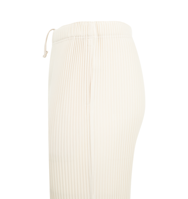 Image 3 of 3 - WHITE - ISSEY MIYAKE March Trousers featuring straight-leg, pleated, elasticated waistband with an inner drawcord, a button fly and side pockets. 100% polyester. 