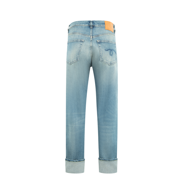 Image 2 of 3 - BLUE - R13 Cuffed Romeo Jeans featuring stretch selvedge denim jeans, fading, whiskering, and distressing throughout, straight-leg, belt loops, five-pocket styling, zip fly, rolled cuffs, leather logo patch at back waistband and logo-engraved antiqued gold-tone hardware. 98% cotton, 2% elastane. Made in Italy. 