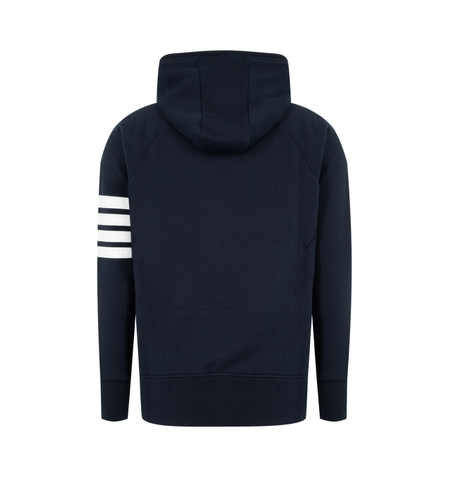 Image 2 of 2 - NAVY - THOM BROWNE Classic Loopback 4-Bar Full Zip Hoodie featuring iconic 4-Bar detailing, brass 2-way zip closure, integrated hood with stripe trim and kangaroo front pocket with name tag applique. 100% cotton. Made in Japan. 