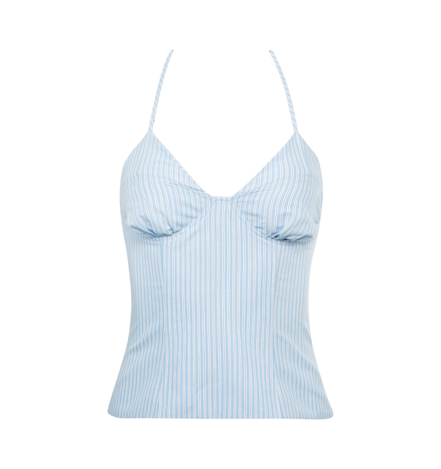 BLUE - ROSIE ASSOULIN Bustier halter top made from a cotton-linen blend featuring ruched cups and a low V-neckline. . 67% Cotton, 33% Linen. Made in United States of America.