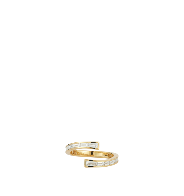 Image 1 of 2 - GOLD - Renna Equator Open Wave Ring is crafted in 18K gold and features a sleek open-band silhouette set with baguette-cut diamonds that elegantly wrap around the finger. Defined by its fluid, contemporary shape and geometric diamond setting, this fine jewelry ring showcases. Main Material: 18K Gold. Gemstones: Baguette-Cut Diamonds. Total Diamond Weight: Approximately 0.81 TCW for Size 6.For personal consultation and detailed information about jewelry, please contact our dedicated stylist te 