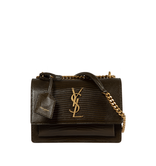 Image 1 of 3 - GREEN - SAINT LAURENT Sunset Small Lizard Crossbody Bag featuring signature YSL logo lettering, sliding chain and leather crossbody strap with logo tag, 11"L, shoulder or crossbody bag, flap top with magnetic closure, exterior slip pocket under flap, divided interior and light bronze hardware. 5.1"H x 7.4"W x 3.1"D. Lizard leather. Made in Italy. 