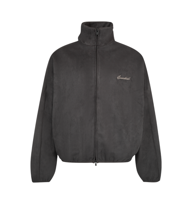 Image 1 of 3 - GREY - Fear of God ESSENTIALS Men's Suede Fleece Signature Modern Track Jacket with Piping is crafted from bonded suede fleece with a stretch perforated lining and features a modern relaxed-fit silhouette with a full-front zip closure. Designed with an embroidered ESSENTIALS signature logo and refined piping details, this elevated track jacket offers a plush suede-like hand feel while maintaining enhanced breathability. Finished with elastic binding at the collar, cuffs, and hem, along with s 