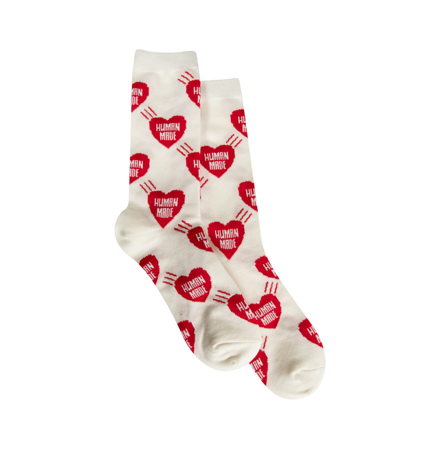 Image 1 of 2 - WHITE - Human Made Heart Socks are crafted from a lightweight cotton-blend fabric and feature a mid-length silhouette with an allover heart logo pattern. Designed with jacquard-woven heart graphics, elastic cuffs, and signature HUMAN MADE branding that adds a playful accent to everyday wear. Main Material: 48% Cotton, 19% Nylon, 18% Acrylic, 13% Polyester, 2% Spandex.  
