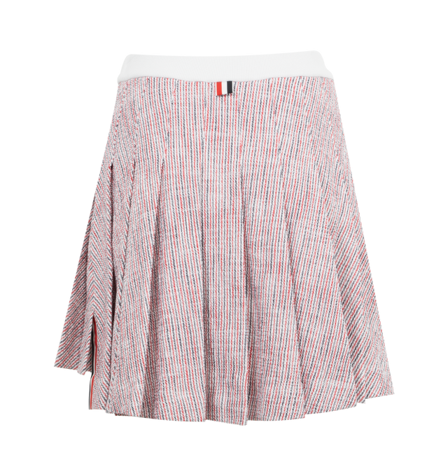 Image 2 of 2 - RED - THOM BROWNE Backdrop Pleated Mini Skirt featuring cotton tweed, front logo, appliqud logo, visible stitching, mini length, pleated skirt, elasticated waist and pleated details. 92% cotton, 7% polyamide, 1% elastane. 