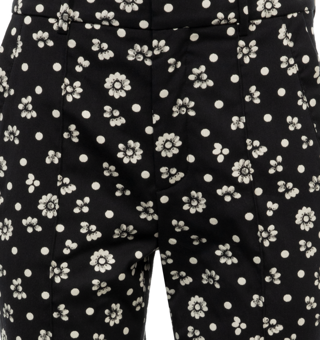 Image 4 of 4 - BLACK - Rosie Assoulin Oboe pants in floral and polka dot motif in a skinny fit,  cropped length, and high rise featuring side slip pockets, back welt pockets, tab and zip fly closure with belt loops. Cotton/polyester/elastane blend. Made in USA. 