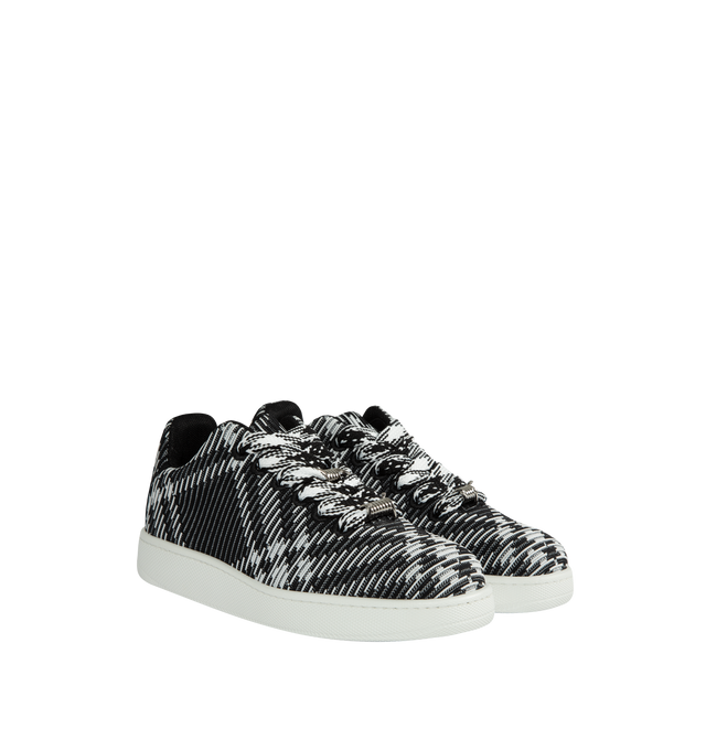 Image 2 of 5 - BLACK - Burberry Knit Box sneakers in stretch nylon knitted with a check pattern. Lace-up closure with rounded and mesh lining featuring barbed wire hardware at the laces and rubber soles moulded with archive Burberry lettering. 98% polyamide, 2% elastane upper with polyester lining and thermoplastic polyurethane sole. Made in Italy. 