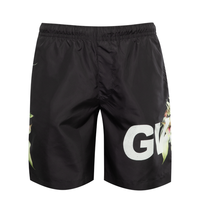 Image 1 of 3 - BLACK - GIVENCHY Logo Swim Trunks featuring elastic waist, side-seam pockets, back welt pocket and printed logo graphic. 100% polyester. 