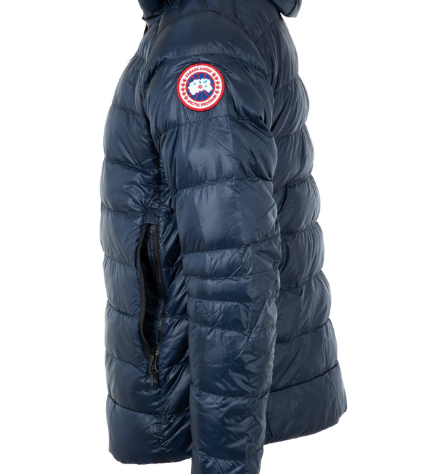 Image 3 of 3 - NAVY - CANADA GOOSE Crofton Quilted Zip Hoodie featuring hooded neckline, two-way zip front, side zip pockets and tonal logo patch at left arm. Recycled nylon. Fill, Hutterite white duck down 750 fill power. Made in Canada. 