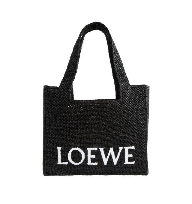 BLACK - LOEWE Medium Font Tote featuring crossbody shoulder or hand carry, detachable and adjustable shoulder strap, internal calfskin pocket and unlined. 10 x 11.8 x 5.9 inches. Raffia. Made in Madagascar.  