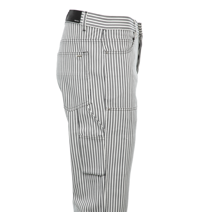 Image 2 of 4 - MULTI - AMIRI Striped Carpenter Pants featuring regular rise, five-pocket style, reinforced front legs, painter loop at side, utility pockets on legs, full length, relaxed fit through straight legs and button zip closure. 100% cotton. Made in Italy. 