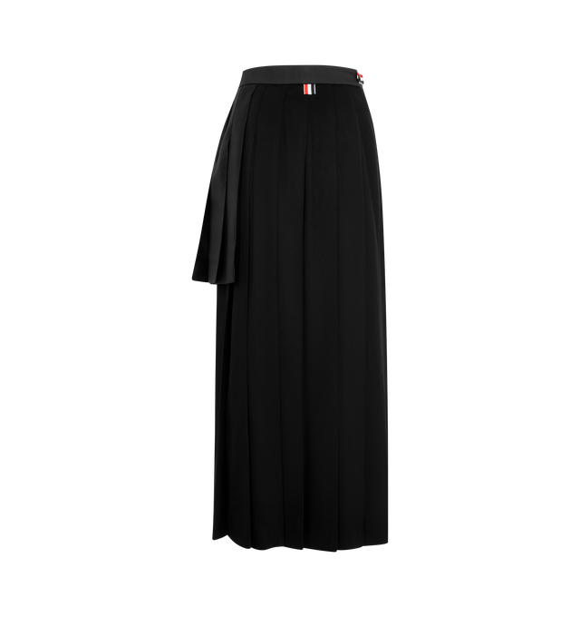 Image 2 of 2 - BLACK - THOM BROWNE Wrap Pleated Midi Skirt featuring paneled cashmere melton and silk-blend twill, midi length, wrap construction, pleats throughout, button fastening at waistband, tricolor grosgrain trim at interior, asymmetric hem and tricolor grosgrain flag at back waist 100% cashmere. 51% silk, 49% wool. Lining: 100% cupro. Made in Italy. 