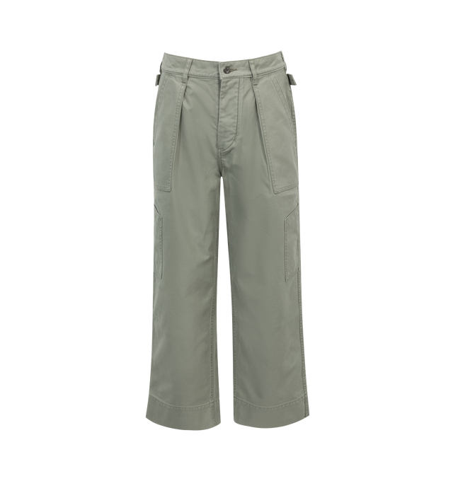 Image 1 of 3 - GREEN - Chimala US Airforce inspired cargo pants featuring six pockets design, front button fastening, adjustable buttoned tabs on the waist and straight, slightly oversize fit. Handmade in Japan. 