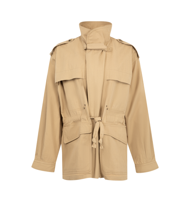 Image 1 of 4 - NEUTRAL - Isabel Marant Womens Adelys Jacket is crafted from textured cotton gabardine. Features a cropped trench silhouette, concealed front zip closure, double lapel collar with tab and metal ring, dropped shoulders with button tabs, buttoned cuffs, gusseted flap pockets, patch chest pockets, adjustable tie belt at the waist, back storm flap, and tonal topstitching. Main Material: 74% Cotton, 26% Polyamide. Made in Morocco. 