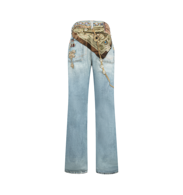 Image 2 of 3 - BLUE - Acne Studios Women's 'Trompe-Loeil Jewellery' Print Jeans are crafted from ready-to-dye cotton canvas with a softly brushed finish and feature a seasonal trompe-l'il print depicting a knotted scarf and jewelry. Designed with a regular-fit silhouette, these statement jeans are cut with a low-rise waist, straight leg, and long length for an effortless, relaxed look. Main Material: 100% Cotton. Fit: Regular. Rise: Low Waist. Leg: Straight. Length: Long. Closure: Button Fly. Pockets: Five- 