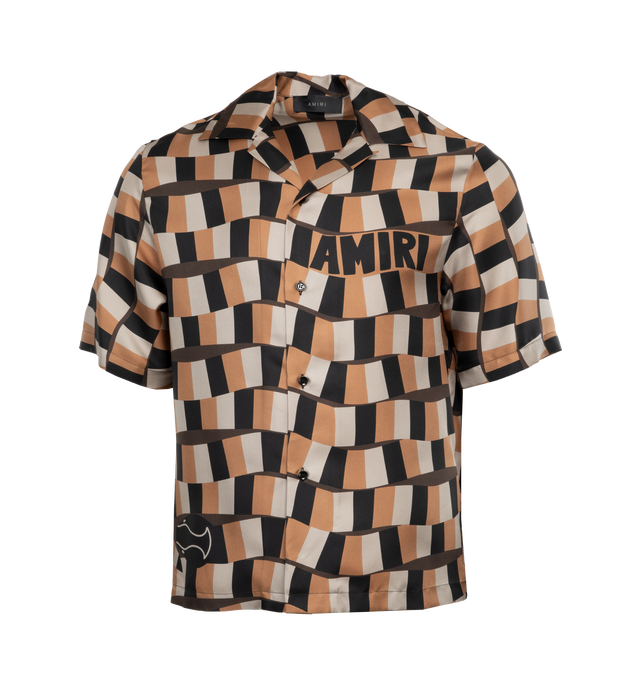 MULTI - AMIRI SNAKE CHECKER BOWLING SHIRT has a multi-colored black, tan and peach checkered print all over with brown lines in between checkered rows with a front button closure, spread collar, short sleeves and a front Amiri logo on the left chest. 100% cotton.