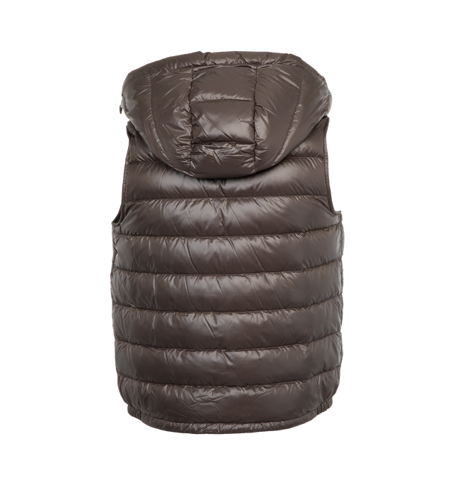 BROWN - MONCLER Barant Vest featuring micro chic nylon, recycled rainwear lining, down-filled, one adjustable hood, second pull-out hood, zipper closure, zipped pockets amd grosgrain logo trim. 100% Polyester. Padding: 90% down, 10% feather. 