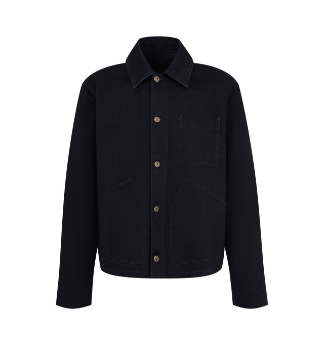 Image 1 of 3 - BLUE - Bottega Veneta Men's Dark Indigo Denim Jacket is crafted from a lightweight indigo denim and features a regular-fit trucker silhouette. Designed with a button-front closure, chest patch pocket, side pockets, and an Intrecciato back patch. Main Material: 100% Cotton. Made in Italy. 
