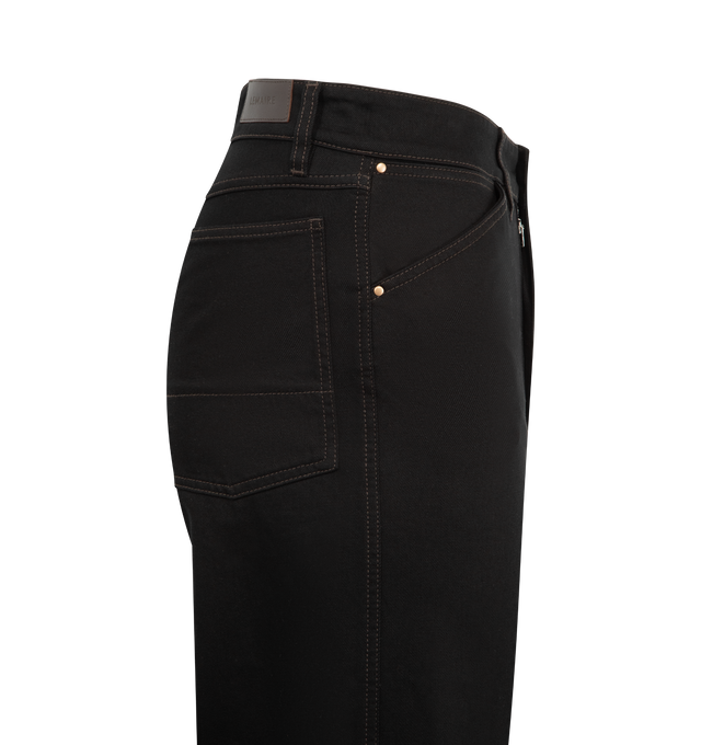 Image 3 of 3 - BLACK - LEMAIRE Wide Denim Pant featuring oversized fit, waistband with belt loops, zipped fly with double hook and button, side slant pockets with coin pocket, contrasting rivets, back patch pockets and logo embossed leather patch at back. 100% cotton. Made in Morocco. 