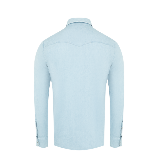 Image 2 of 2 - BLUE - TOM FORD Chambray Silm Fit Western Shirt featuring flap pockets at the chest, silver-toned button fastenings, flap pockets at chest, button cuffs and western style. 100% cotton. Made in Italy. 