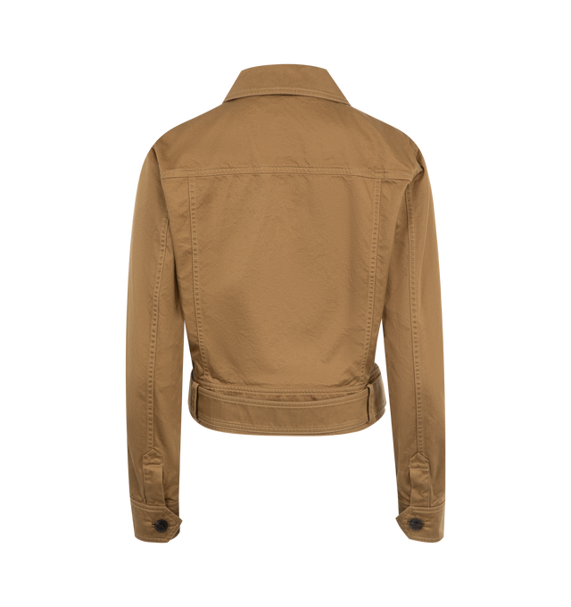 Image 2 of 3 - BROWN - SAINT LAURENT Cropped Jacket featuring short buttoned jacket made with certified cotton, pointed collar, patch pockets, and a belted hem. 100% cotton. Made in Italy. 