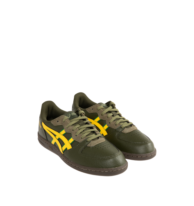 Image 2 of 5 - GREEN - ASICS Skyhand OG Sneakers featuring calf suede, logo-embellished side panels, logo-embroidered tongue, embroidered logo to the rear, round toe, front lace-up fastening, EVA midsole and flat rubber sole. 