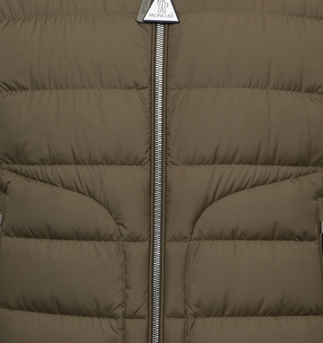 GREEN - MONCLER Sestriere Down Jacket featuring two-way zip, zipped side pockets, lightweight, hooded, gathered hem and press-stud cuffs. 100% polyamide. Filling: 90% down, 10% feathers.