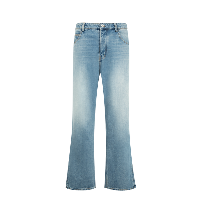 Image 1 of 4 - BLUE - Nahmias Men's Split Seam Straight Leg Jeans are crafted from 100% cotton denim and feature a classic straight-leg silhouette with distinctive split-seam detailing. Finished with a signature Summerland label at the split seam, these designer jeans reflect Nahmias' laid-back Los Angeles aesthetic with a contemporary approach to everyday denim. Main Material: 100% Cotton. Fit: Straight Leg. Detail: Summerland Label at Split Seam. Care: Machine Wash Cold. Designed in Los Angeles. 