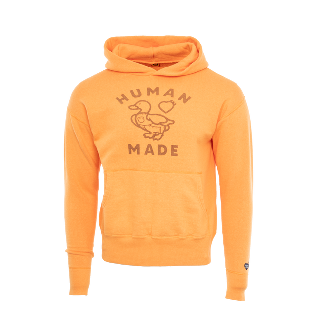 Image 1 of 4 - ORANGE - HUMAN MADE Tsuriami Hoodie featuring worn-in graphic print of the front and back, ribbed cuffs and hem, embroidery above left cuff and hood. 100% cotton. 