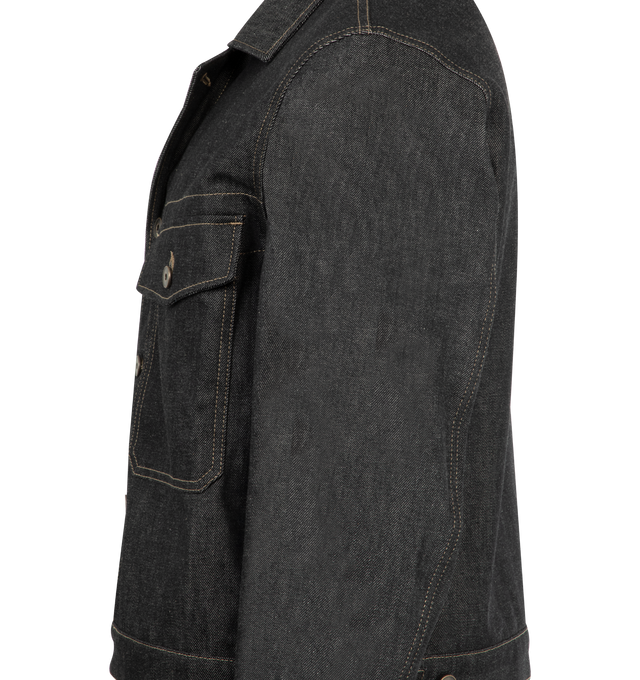 Image 3 of 3 - GREY - LEMAIRE Trucker Jacket featuring shirt collar, front button closure, long sleeves, straight buttoned cuffs, chest patch pockets with button flaps, adjustable tabs at the waistband and contrast top stitching, 100% cotton.  