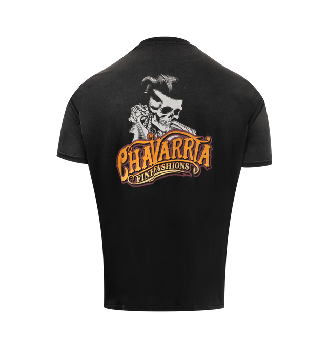 Image 2 of 2 - BLACK - WILLY CHAVARRIA Chavarria Pomade East T-Shirt featuring ribbed crew neckline, short sleeves, screen printed graphics and regular fit. 100% cotton. Made in USA. 