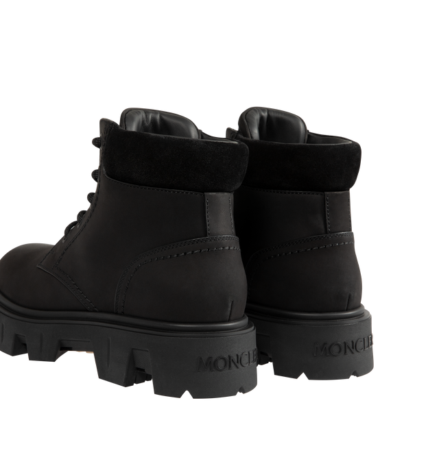 Image 3 of 4 - BLACK - Moncler Mens Peak City Lace-Up Boots feature a nubuck and suede upper. Designed with a lace-up closure, leather welt, leather and mesh lining, cushioned back collar, rubberized TPU outsole, 13.5 cm shaft height, and 4 cm sole. Upper: Cow Leather; Lining: Cow Leather and 100% Polyamide/Nylon; Sole: 100% Elastodiene. Made in Italy. 