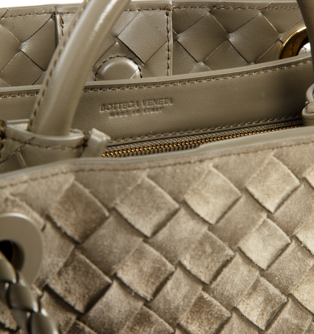Image 4 of 4 - BROWN - Bottega Veneta Andiamo Bag has a magnetic closure, a sliding cross-body strap, an interior zip pocket, 2 interior open pockets, and brass-finished hardware. 7.9" x 9.8" x 3.9". Calfskin. Made in Italy.  