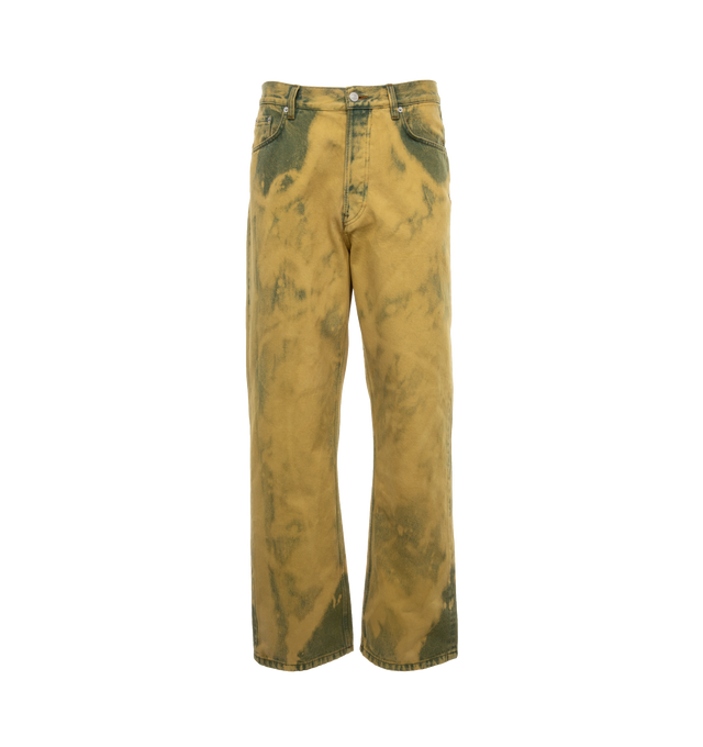 Image 1 of 3 - YELLOW - DRIES VAN NOTEN Garment-Dyed Jeans featuring garment-dyed non-stretch denim, bleached effect throughout, belt loops, five-pocket styling, button-fly, riveted leather logo patch at back waistband and logo-engraved silver-tone hardware. 100% cotton. Made in Italy. 