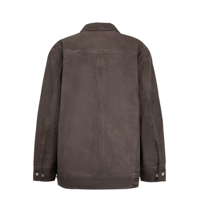 Image 2 of 2 - BROWN - Rick Owens DRKSHDW Men's Jumbo Worker Jacket is crafted from cotton denim and features an oversized workwear-inspired silhouette with a classic collar and button-front closure. Designed with long sleeves, buttoned cuffs, side pockets, and a straight hem that reinforces the label's utilitarian aesthetic. Main Material: 100% Cotton. 