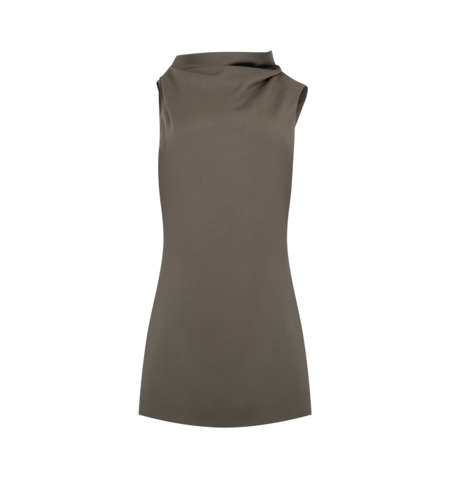 Image 1 of 2 - BROWN - Khaite Astor modern minidress tailored in soft, richly textured wool suiting selected for its fluid and refined drape. The streamlined silhouette is defined by a draped neckline reprised at the wrapped and angled back. Tapers to a fitted skirt. Back zip closure. 100% virgin wool. 