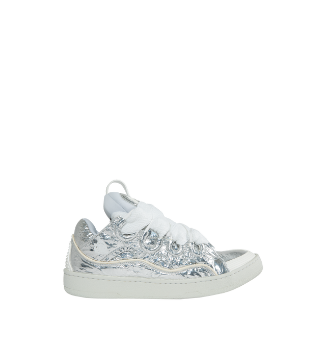 SILVER - LANVIN Curb Sneakers Metallic featuring leather and mesh upper, front pull loop, front lace-up closure, logo details and rubber sole. 40% polyester, 28% calf, 20% alfa, 7% nylon, 5% polyurethane.