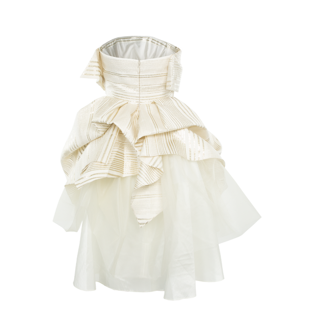 Image 2 of 3 - WHITE - CHRISTOPHER JOHN ROGERS Metallic Stripe Mini Dress featuring draping throughout, mini length, strapless, metallic stripes, layered detail and ruffles underneath. 70% viscose, 20% nylon, 10% metallic polyester.  