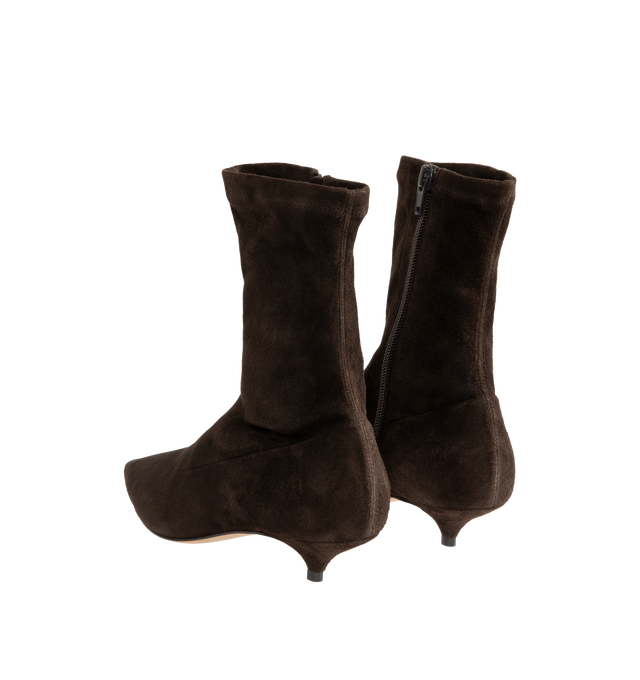 Image 3 of 4 - BROWN - The Row Women's Liisa Kitten Booties are crafted from soft lambskin suede and feature a pointed toe, side zip closure, and a refined kitten heel for an elegant, minimalist silhouette. These designer suede ankle boots combine exceptional Italian craftsmanship with timeless sophistication, making them a versatile choice for effortless day-to-evening styling. Main Material: 100% Lambskin Suede. Sole: Leather. Heel Height: 1.38 in. Made in Italy. 