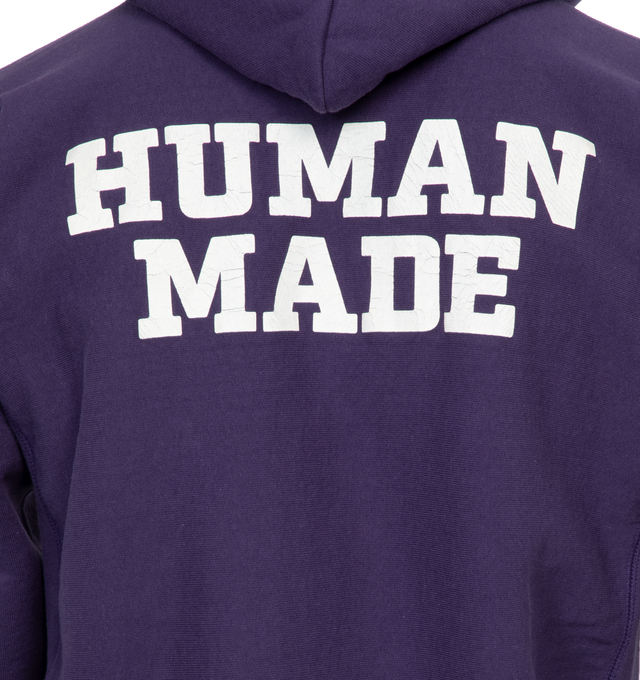 Image 4 of 4 - PURPLE - HUMAN MADE Heavyweight Hoodie featuring front and back print, heart logo on sleeve, ribbed cuffs and hem and kangaroo pocket. 100% cotton.  