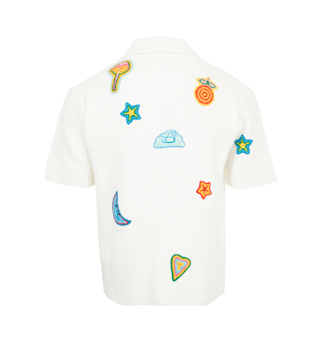 Image 2 of 2 - WHITE - CASABLANCA Crochet Multi-Patch Camp Shirt featuring playful patches placed throughout, camp collar, pearly button closure and short sleeves. Cotton. 