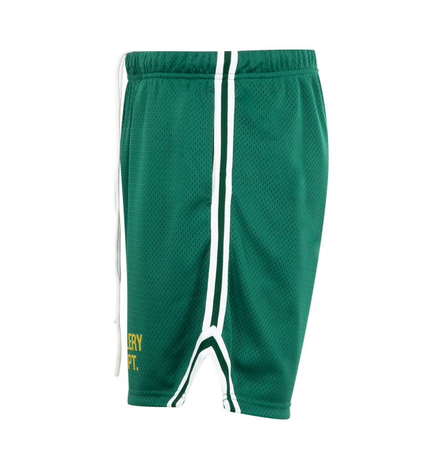 Image 3 of 3 - GREEN - GALLERY DEPT. Venice Court Shorts featuring breathable mesh jersey with a GD ENGLISH logotype at front, balloon fit with an elasticized waistband and inner drawstring, front slip pockets, white striped piping over seams and double lining. 100% Polyester. Made in USA. 